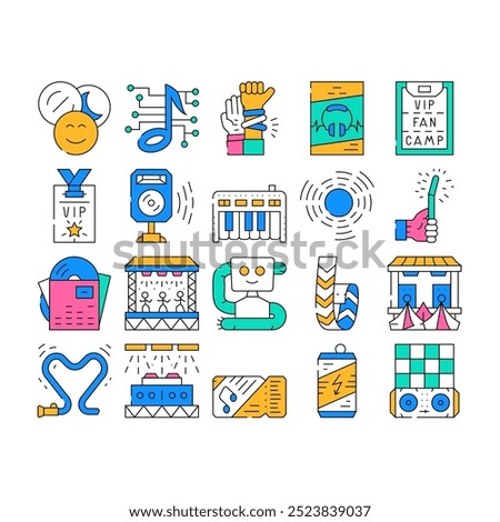 Electronic Dance Music Collection Icons Set Vector. Digital Music And Circular Equalizer, Glow Stick And Bracelet Badge, Ticket And Dj Console color Contour Illustrations