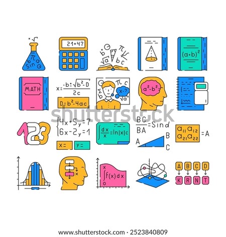 math science education school icons set vector. physics formula, equation mathematics, technology student algebra study geometry math science education school color Contour Illustrations