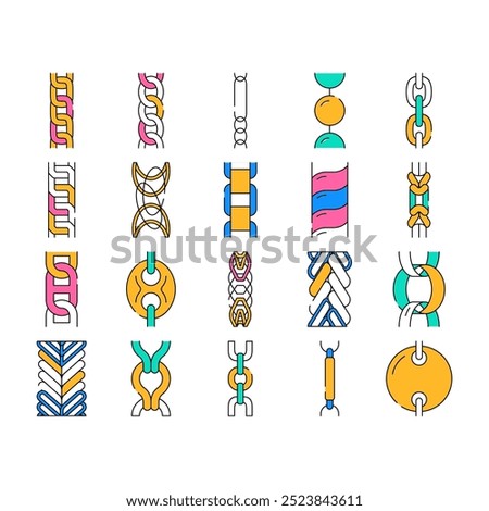 chain metal link icons set vector. link design, golden white, gold abstract, necklace steel, border jewelry chain metal link color Contour Illustrations