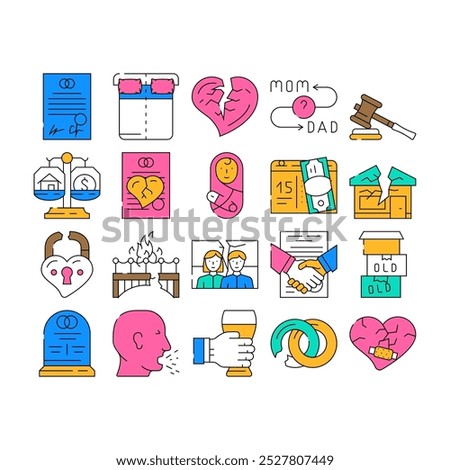 Divorce Couple Canceling Marriage Icons Set Vector. Family Problem Divorce And Payment Alimony, Broken Love Padlock And Crashed House, Property Division And Judge Trial Contour Illustrations