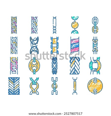 chain metal link doodle icons set vector. sketch line art link design, golden white, gold abstract, necklace steel, border jewelry chain metal link color illustrations