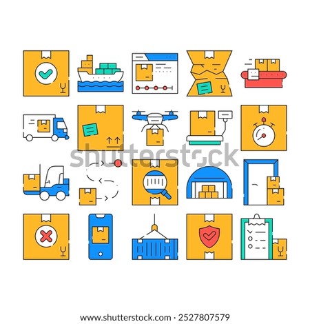 Logistics Service Collection Icons Set Vector. Logistics Warehouse And Conveyor, Ship And Truck, Loader And Delivery Drone, Phone App Tracking color Contour Illustrations