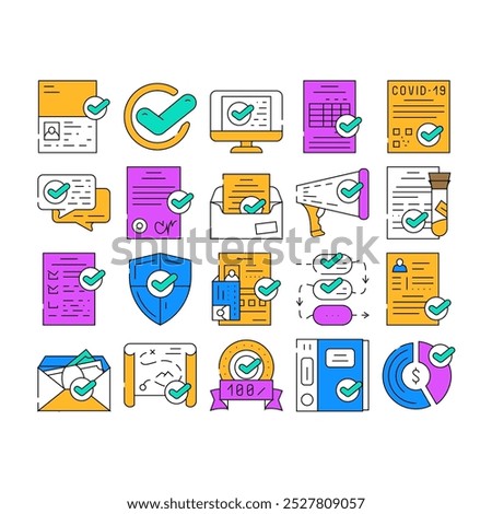 Compliance Quality Procedure Icons Set Vector. Compliance Passport And Covid Certificate, Approval Conversation And Check List, Cv And Documentation color Contour Illustrations