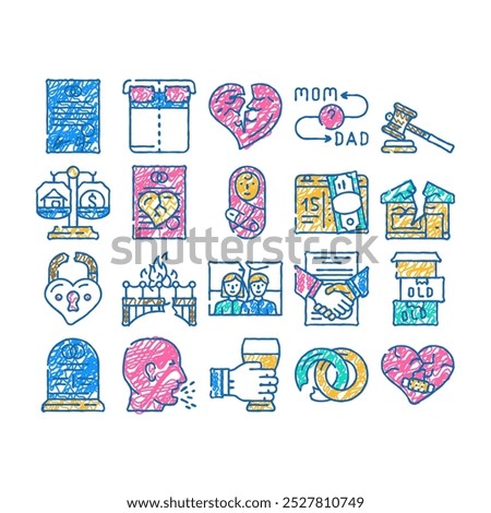 divorce couple canceling marriage doodle icons set vector. sketch line art family problem divorce and payment alimony, broken love padlock and crashed house, property division contour illustrations