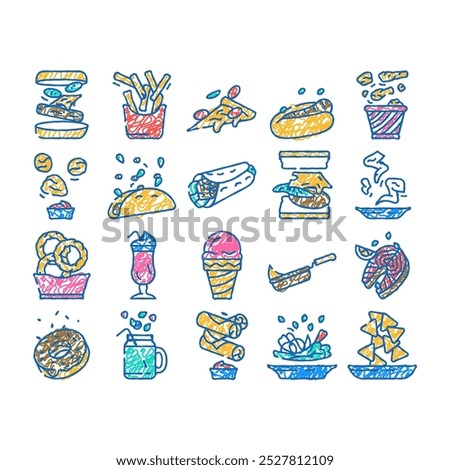 fast food hamburger restaurant doodle icons set vector. sketch line art burger drink, pizza meal, lunch menu, sandwich unhealthy chicken junk, fast food hamburger restaurant color illustrations