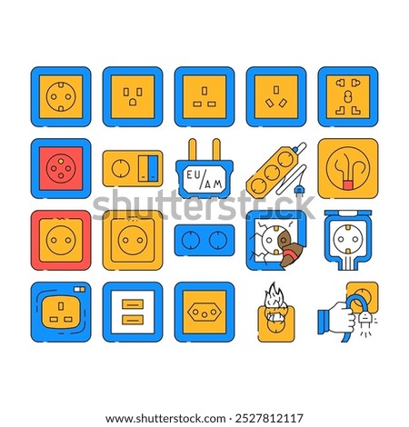 Socket Power Electrical Accessory Icons Set Vector. American And European, Australia And Universal Waterproof Socket Line. Damaged And Burning Electricity Connector color Contour Illustrations