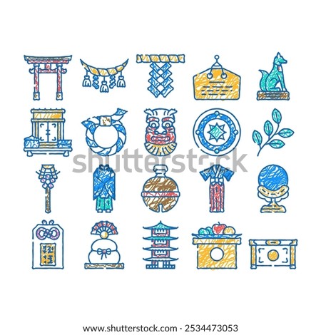 shinto japan shrine travel doodle icons set vector. sketch line art temple worship, asia architecture, religion religious, faith sintoism, japanese shinto japan shrine travel color illustrations