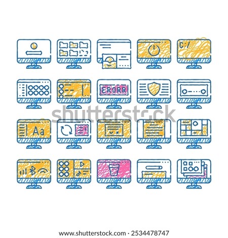 operating system pc doodle icons set vector. sketch line art computer system data security and error, connection and download, media files and folders color illustrations