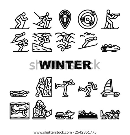 winter sport skiing snowboarding icons set vector. iceskating sledding, curling biathlon, bobsleigh luge, snowshoeing, hockey winter sport skiing snowboarding black contour illustrations