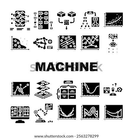 machine learning algorithm model icons set vector. data training, supervised unsupervised, neural deep, learning, regression machine learning algorithm model glyph pictogram Illustrations