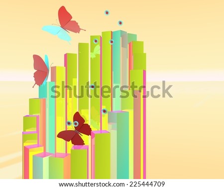 Fantasy butterfly flying out of a colorful tower. Orange and green colors