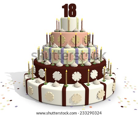 Chocolate party cake, celebrating an anniversary, on top of the cake number eighteen