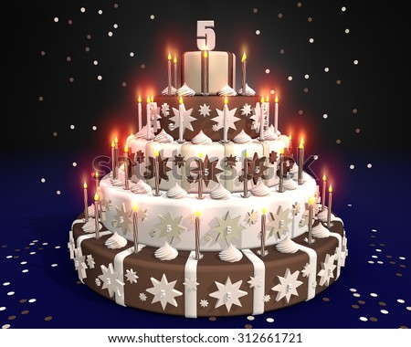 Cake with burning candles - party for a boy are girl who is five years old
