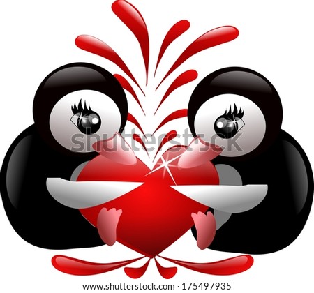 Two penguins holding big red heart with red ornaments