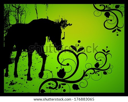 Black horse silhouette with floral ornaments on green background