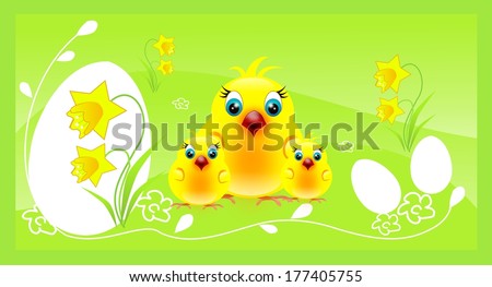 Three cute chickens on happy green easter background