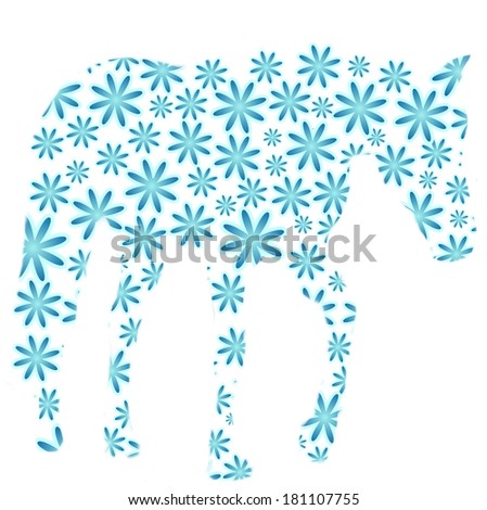 Horse silhouette of blue flowers