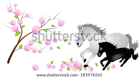 Light gray mare with black foal running in light pink blooms of tree