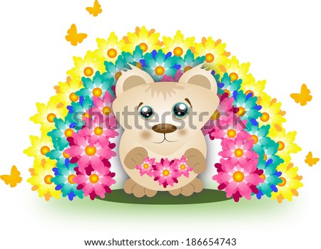 Cute bear holding flowers with rainbow of flowers