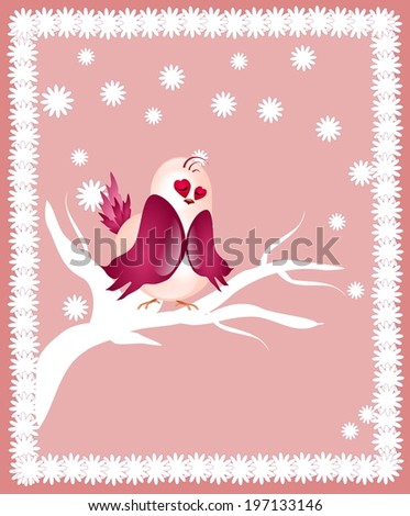 Alone bird on twig of tree on pink background