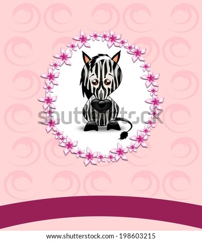 Cute zebra in floral circle on light pink background