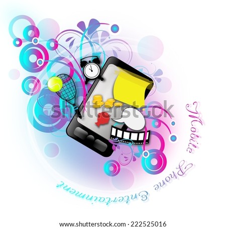 Illustration of mobile phone with entertainment icons