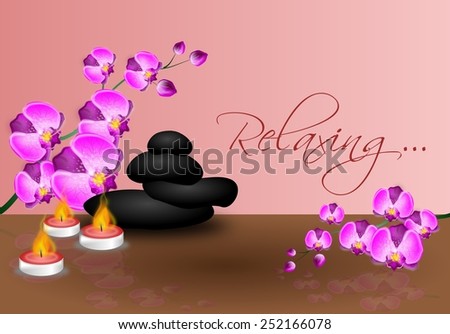 Background with lava rocks, pink orchid flowers and tea candles