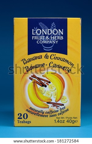 MALESICE, CZECH REPUBLIC - FEBRUARY 25, 2014: Pack of London Fruit and Herb Tea, Banana and Cinnamon flavor.