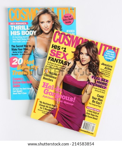 MALESICE, CZECH REPUBLIC - JUNE 14, 2014: stack of US edition of magazine Cosmopolitan on top issue September 2007 with Jessica Alba on cover, on display in Malesice, Czech republic in June 2014