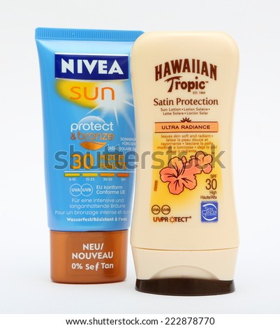 MALESICE, CZECH REPUBLIC - OCTOBER 11, 2014: Nivea sun lotion Protect Bronze SPF 30 and Hawaiian Tropic sun lotion SPF 30.