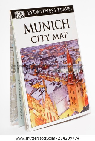 MUNICH, GERMANY - OCTOBER 28, 2014: Munich City Map published by Dorling Kindersley in Great Britain. Dorling Kindersley is Brittish multinational publishing company.