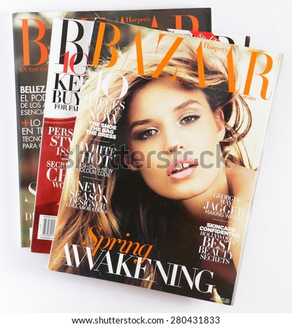 MALESICE, CZECH REPUBLIC - MAY 21, 2015: Stack of magazines Harpers Bazaar, on top issue February 2013 with Georgia May Jagger on cover on display in Malesice, Czech republic in May 2015.