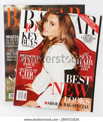 MALESICE, CZECH REPUBLIC - MAY 21, 2015: Stack of magazines Harpers Bazaar, on top issue August 2013 with Sophia Vergara on cover on display in Malesice, Czech republic in May 2015.