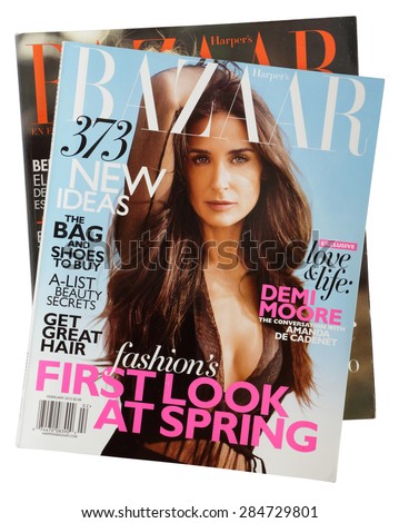 MALESICE, CZECH REPUBLIC - MAY 31, 2015: Stack of magazine Harpers Bazaar, on top issue February 2012 with Demi Moore on cover on display in Malesice, Czech republic in May 2015.