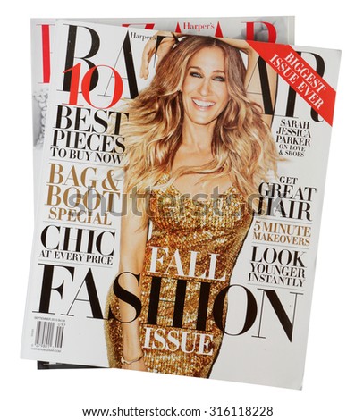 MALESICE, CZECH REPUBLIC - SEPTEMBER 13, 2015: Stack of magazine Harper\'s Bazaar, on top issue with Sarah Jessica Parker on cover on display in Malesice, Czech republic in September 2015.