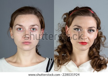 Portrait of young woman before and after make up - isolated photo