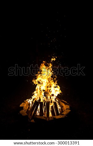 Image of campfire by night on black background