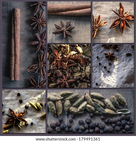 Cinnamon sticls, anise, and allspice on different photos Imagine de stoc © 