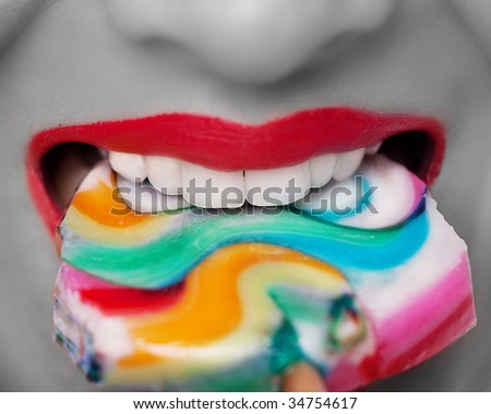Picture of candy, lips and white teeth
