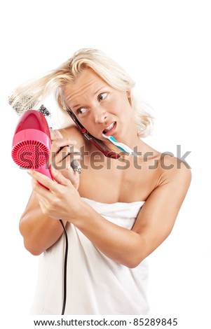 Portrait of worried young blonde in bathroom. Isolated on white background.