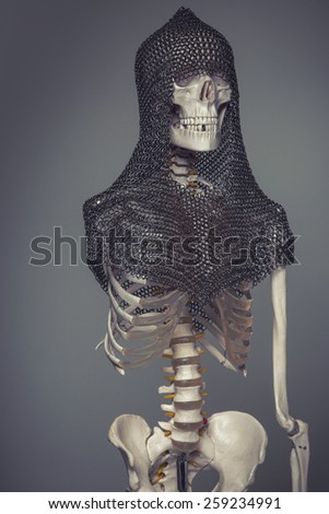 Skeleton of the dead warrior in the helmet and chain armour