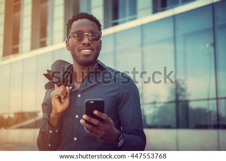 Similar – Image, Stock Photo Positive trendy black guy jumping on stairs on street