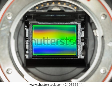 closeup of APS-C image sensor in dslr camera