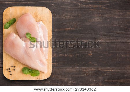 Raw chicken breast fillets on wooden background with a lot of copy space for your text or editing.