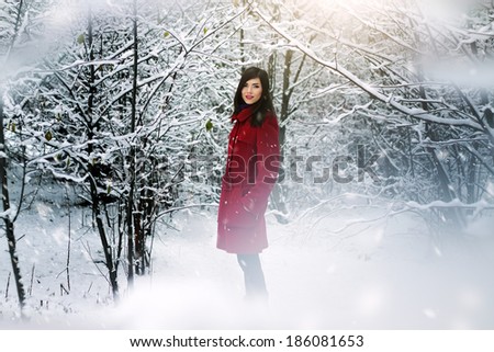 Beautiful elegant woman in red coat. winter nature
