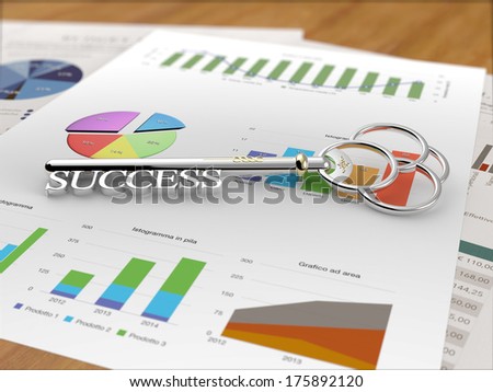A silver key with the word success on a financial report/Key to Success - Financial Report Wood