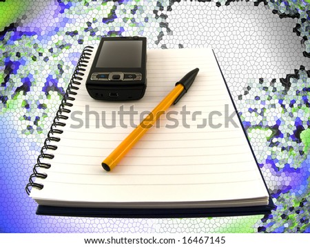 Mobile Phone and Biro Ballpoint Pen on Notepad on Digital Globe Effect Background