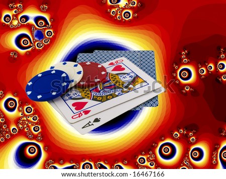 Playing Cards Queen and Ace with Poker Chips over funky psychedelic bright orange background