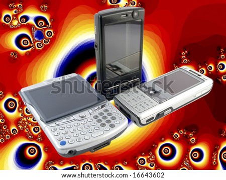 Stack of Several Modern Mobile Phones with Psychedelic Bright Orange Fractal Background