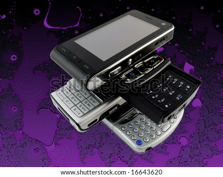 Stack of Several Modern Mobile Phones on Purple Bright Fractal Background